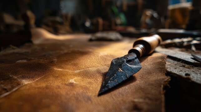 Detailed Flint Arrowhead Weapon on Animal Hide