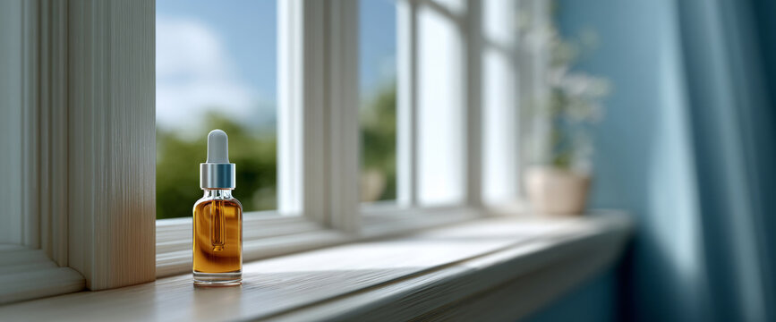 Small amber glass dropper bottle with liquid on white wooden windowsill with blurred outdoor background and soft natural light
