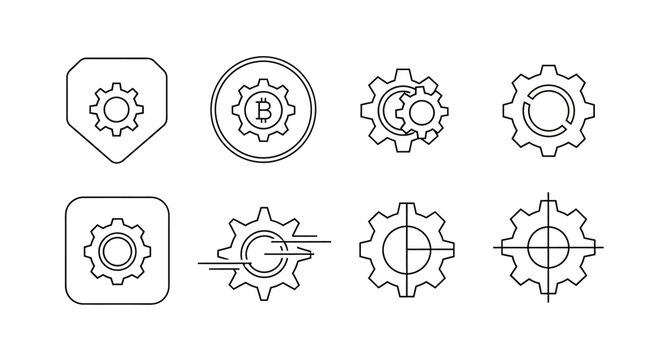 Set of minimalist gear icons for software settings and configuration