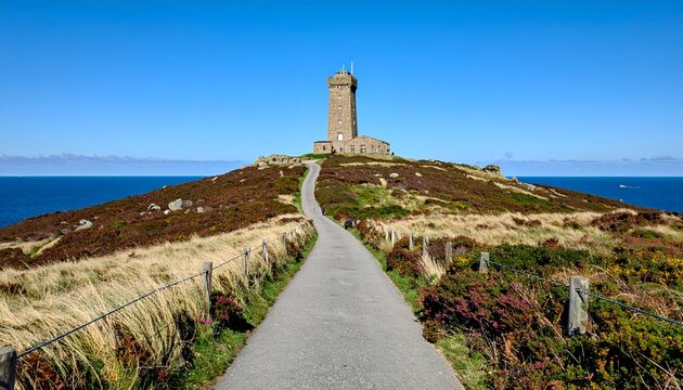 Stone tower atop a coastal hill, path leads forward on clear day