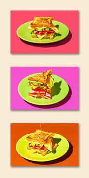 Toasted sandwich collage on bright plates with cheese ham and avocado. Concept of cafe lunch menu, deli promo, takeaway advertising, snack branding and food delivery.