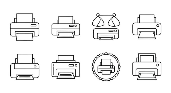 Set of minimalist line art printer icons for office and tech design
