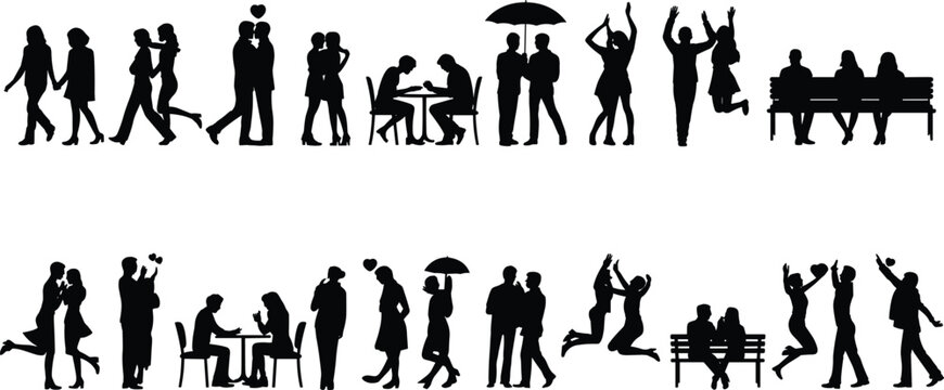 Couple silhouettes, romantic love interaction walking kissing dancing umbrella scenes, flat vector