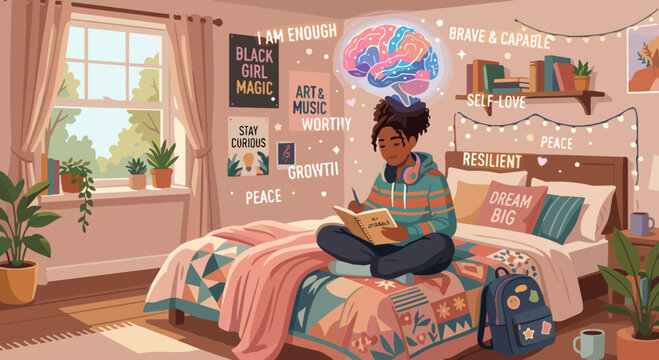 Teenage Girl Reading in Cozy Bedroom With Mental Wellness Affirmations