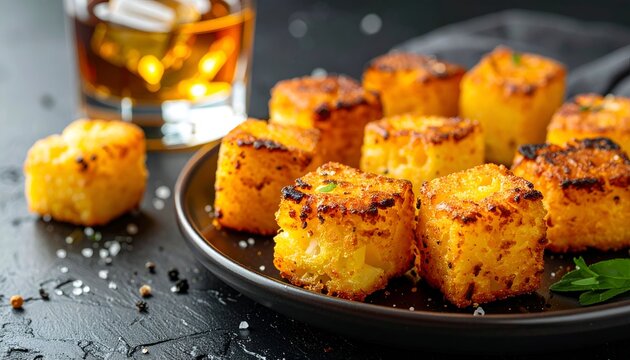 Polenta bites on a black plate beside a drink, shot from a low angle