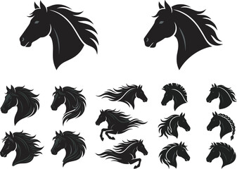Stylized horse silhouette collection with flowing mane designs and dynamic poses for logo,and decorative artwork use © SELIMREZA
