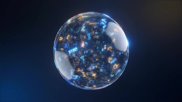 The Swirling Data Sphere. A photorealistic 3D rendering of a perfect sphere (orb). The sphere is made of glass or crystal and is filled with a constant beautiful chaotic swirl of glowing light