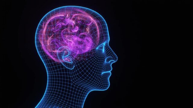 The Wireframe Head. A high-concept 3D illustration. A minimalist human head in profile is rendered as a blue neon wireframe grid. Inside the "brain" area is a complex and chaotic.
