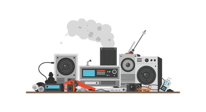 A collection of discarded analog electronic devices including speakers and radio components sits on a flat surface against a crisp, clean, neutral white studio background.