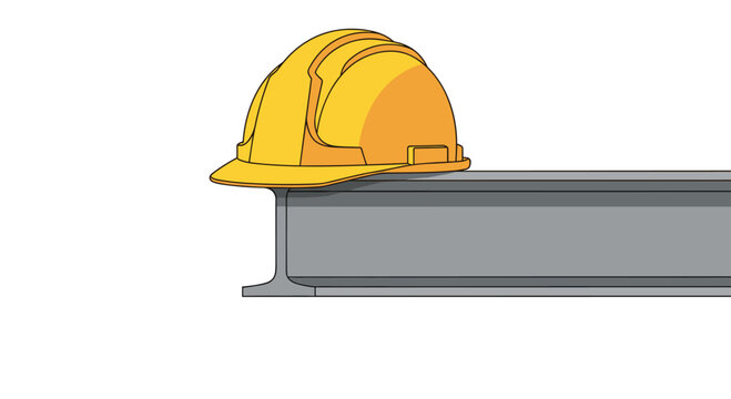 A bright yellow construction hard hat sits on the edge of a heavy steel I-beam structural girder against a clean and neutral light-colored studio backdrop.