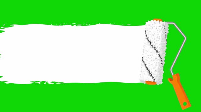 A vector paint roller leaves a clean white stroke on a vibrant green screen background. Designed for easy color keying in video editing software for transitions and title overlays.