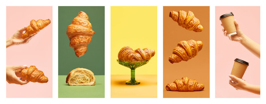 Croissant and takeaway coffee collage on pastel panels with hands. Concept of bakery promo, breakfast delivery, cafe menu design, pastry advertising and brunch branding.