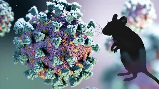 Conceptual 3d animation of a lab rat silhouette interacting with a detailed coronavirus particle, representing scientific experiments, vaccine development, and zoonotic disease research