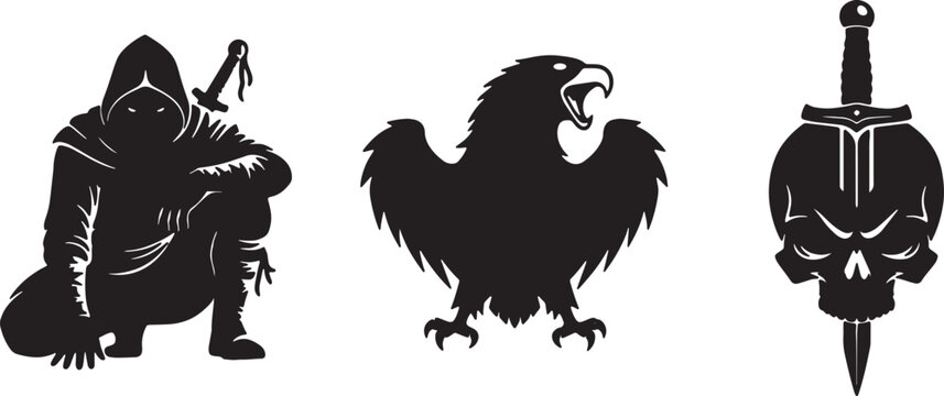 Stealth assassin crouched figure eagle silhouette and sword piercing skull emblem set.