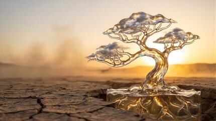 Fototapeta premium Surreal transparent glass tree with storm clouds inside branches in a desert, concept of fragile ecology and nature