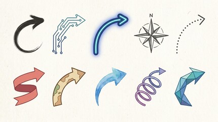 Fototapeta premium Decorative arrow icons set, diverse graphic directional symbols, creative navigation pointers in various styles, 10 unique arrow design elements