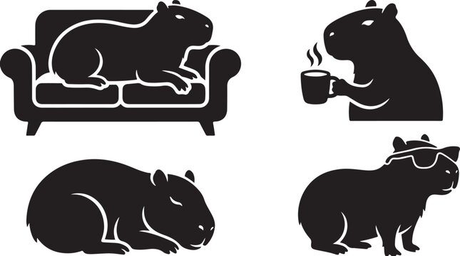 Lazy Capybara Daily Life Bundle, Couch Capybara, Coffee Capybara, Sleeping Capybara, Cool Capybara, Funny Silhouette Set