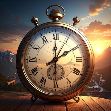 Vintage Clock on Wooden Table Sunset.