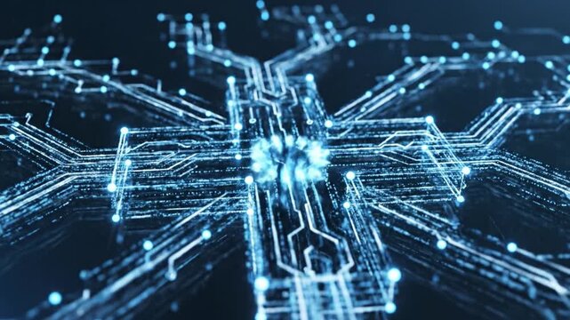 Digital circuit board blue line abstract network glowing node technology background with computer chip electronic trace futuristic design connected pattern and dark blue data flow abstract network