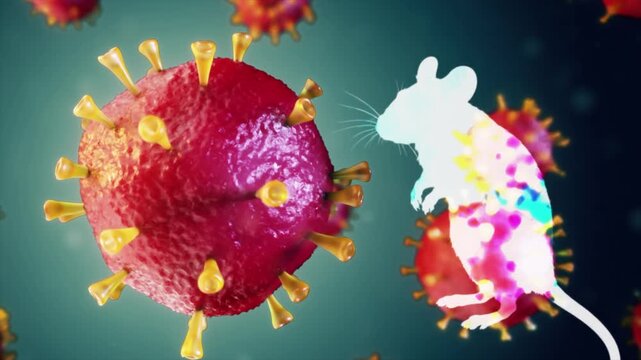Conceptual 3d animation showing a lab mouse silhouette becoming infected by a coronavirus, representing scientific research, animal testing, vaccine development, and drug discovery for pandemics