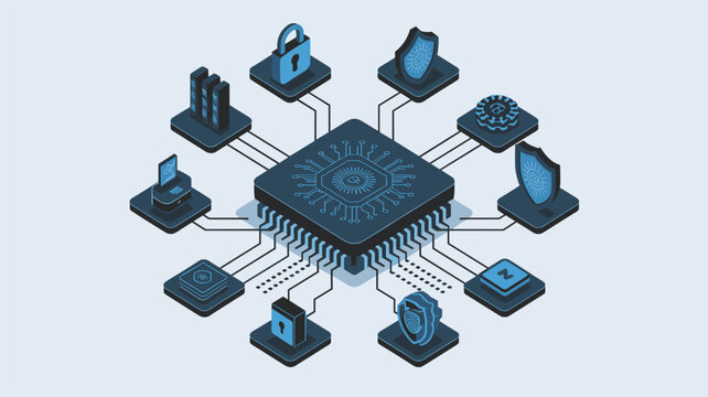 A central computer processor chip connects to surrounding cybersecurity icons including locks and shields against a light blue background in an isometric vector diagram.
