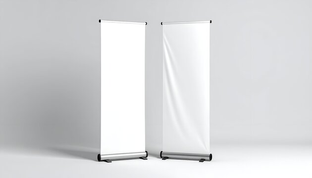 Two blank pull-up banners stand on a plain white floor and backdrop