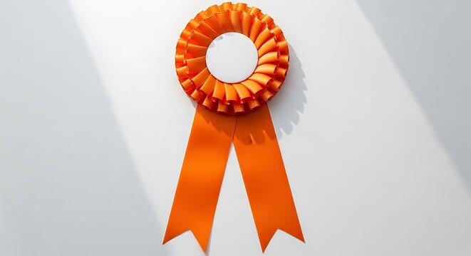 A vibrant orange rosette ribbon award isolated on a clean white background for winner recognition.