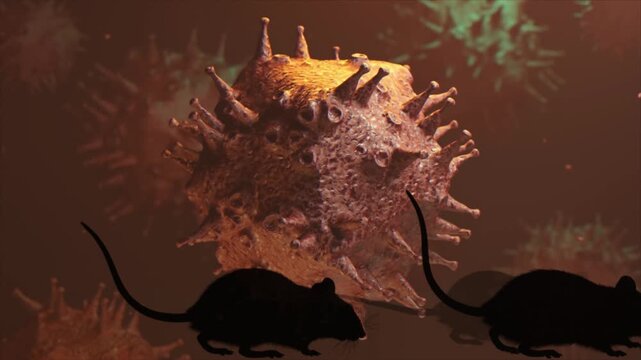 Realistic 3d rendering of a coronavirus particle with black rat silhouettes walking across the screen, symbolizing the transmission of zoonotic diseases, epidemics, and global pandemics