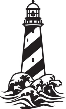 A detailed, high-contrast illustration of a coastal lighthouse, a beacon of guidance, stands steadfast amidst churning waves, serving as a symbol of maritime safety and direction.