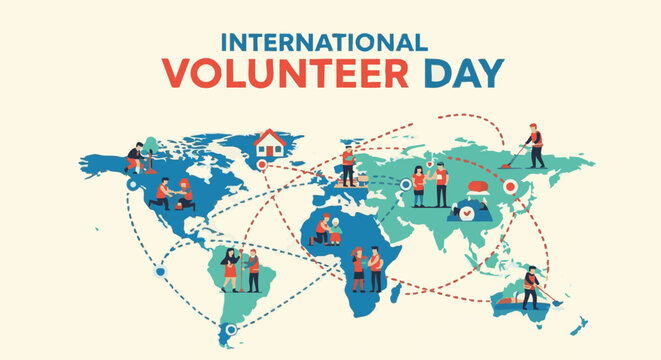 Global volunteer day map with people icons in blue and orange on beige background for non-profit organization