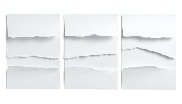 Torn white paper sheets with uneven edges, arranged in three vertical rows