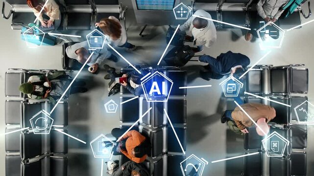 Top down view of people in airport using AI sensors to monitor passenger flow, VFX compositing. Airport using artificial intelligence to do border control security checks on tourists, graphics overlay