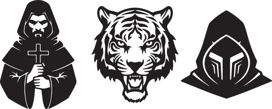 Monk holding cross and tiger head with armored knight hood silhouette graphic collection.