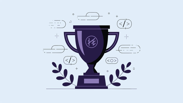 A dark purple victory trophy adorned with laurel leaves and various programming language syntax tags stands against a soft periwinkle background with floating elements.