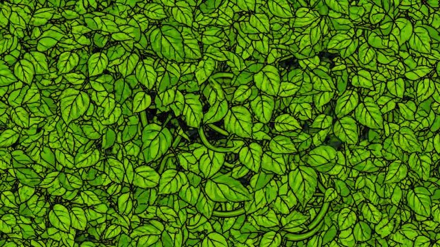 A lush, tightly packed organic illustration showcasing an abundance of green leaves with distinct dark veins. This continuous nature motif is excellently suited for eco-friendly product packaging, veg