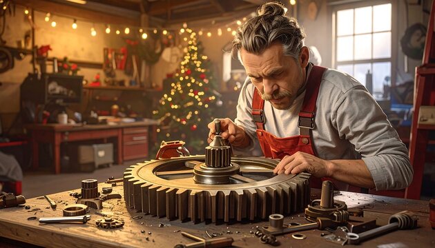 Man Working on Large Gear in Workshop.