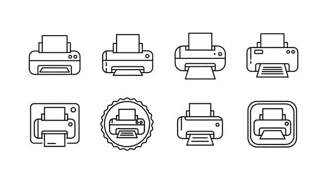 Set of minimalist printer icons in flat line art style