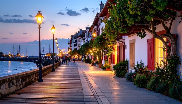 Coastal street with red-trimmed houses lit by street lamps at twilight