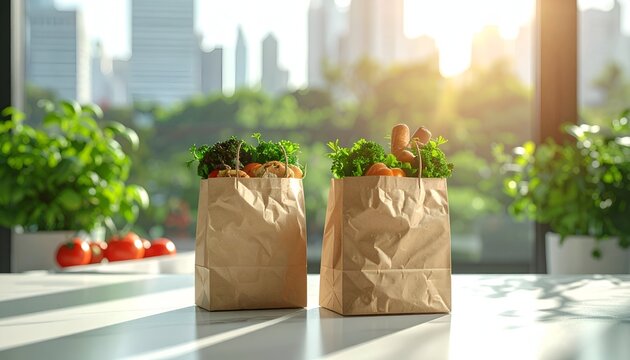 Groceries in paper bags, natural light, cityscape backdrop