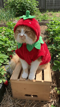 Cute Orange Tabby Cat in Red Strawberry Costume Sitting on Wooden Crate in Garden