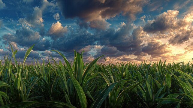 Tall green stalks of crops dominate a field beneath a dramatic twilight sky filled with heavy clouds