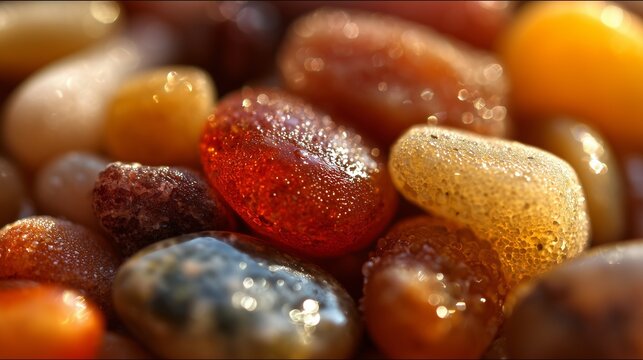 Extreme macro of wet colorful beach stones with sunlight shimmer