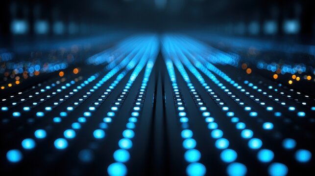 Rows of illuminated blue data storage servers creating a digital network pathway
