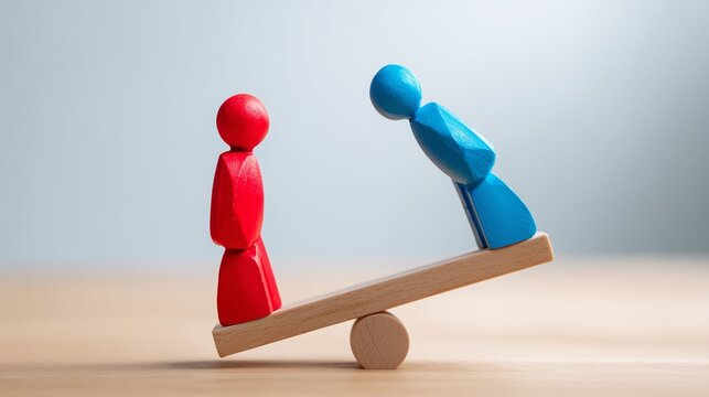 Two wooden stylized figures on a seesaw balance on a smooth wooden surface with a neutral gray-white gradient background. Imbalance, conflict concept, unequal weight in relationships or competition