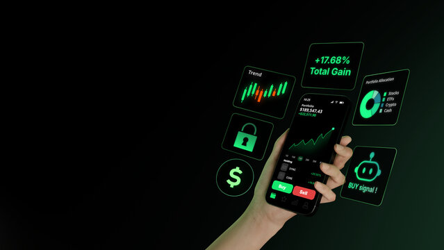 Hand Holding Smartphone with Trading App, Portfolio Gain, Rising Chart, AI Trading Bot, Bull Market Growth and Fintech Investment Dashboard.