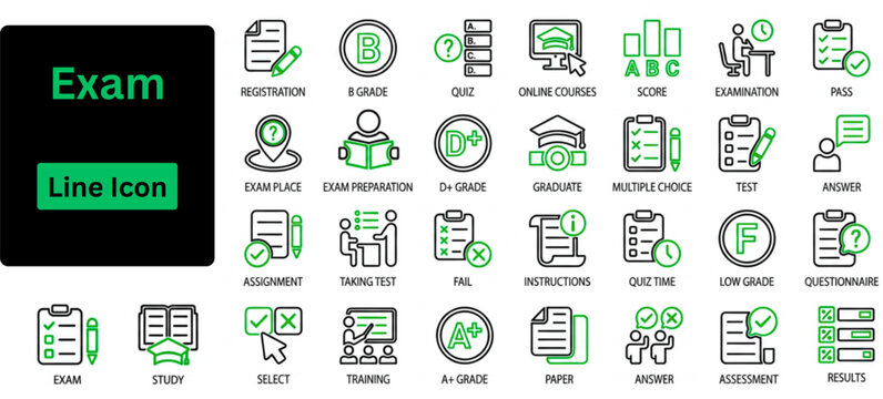 Line art vector of Exam icon set. Exam line icon set. Skill Assessment and Recruitment icon set. Includes symbols for Online Test, Coding Challenge, Soft Skills, and Interview. 