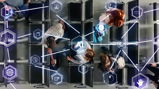 Multiracial men and women in airport using AI assistant to monitor passengers, VFX compositing. High angle shot of airport using machine learning to do tourists security checks, graphics overlay HUD