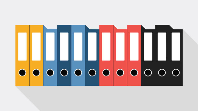 A collection of colorful office ring binders in yellow, blue, red, and black are aligned in a row featuring long shadows on a light grey surface for storage.