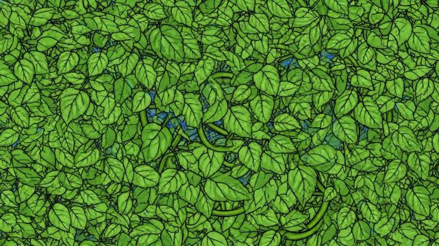 A lush, tightly packed organic illustration showcasing an abundance of green leaves with distinct dark veins. This continuous nature motif is excellently suited for eco-friendly product packaging, veg
