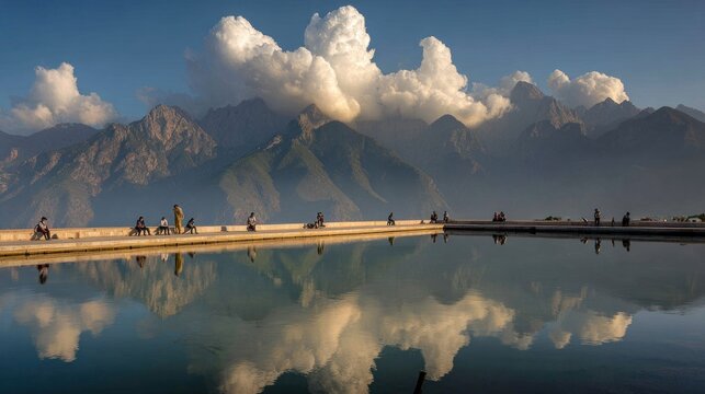 People relaxing along a waterfront promenade with towering, cloud-capped mountains reflected in the still water below